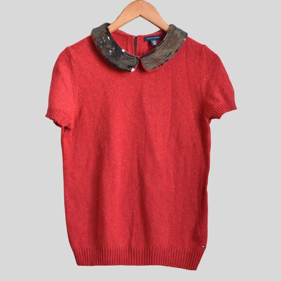 TOMMY HILFIGER Women's Sequin Collar Red Sweater Size M - Picture 1 of 8